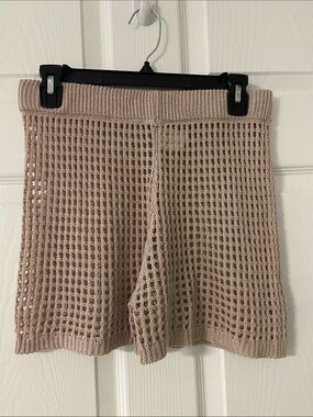 T39a- CHA CHAN Tan Crochet Knit Sheer Cover-Up Shorts